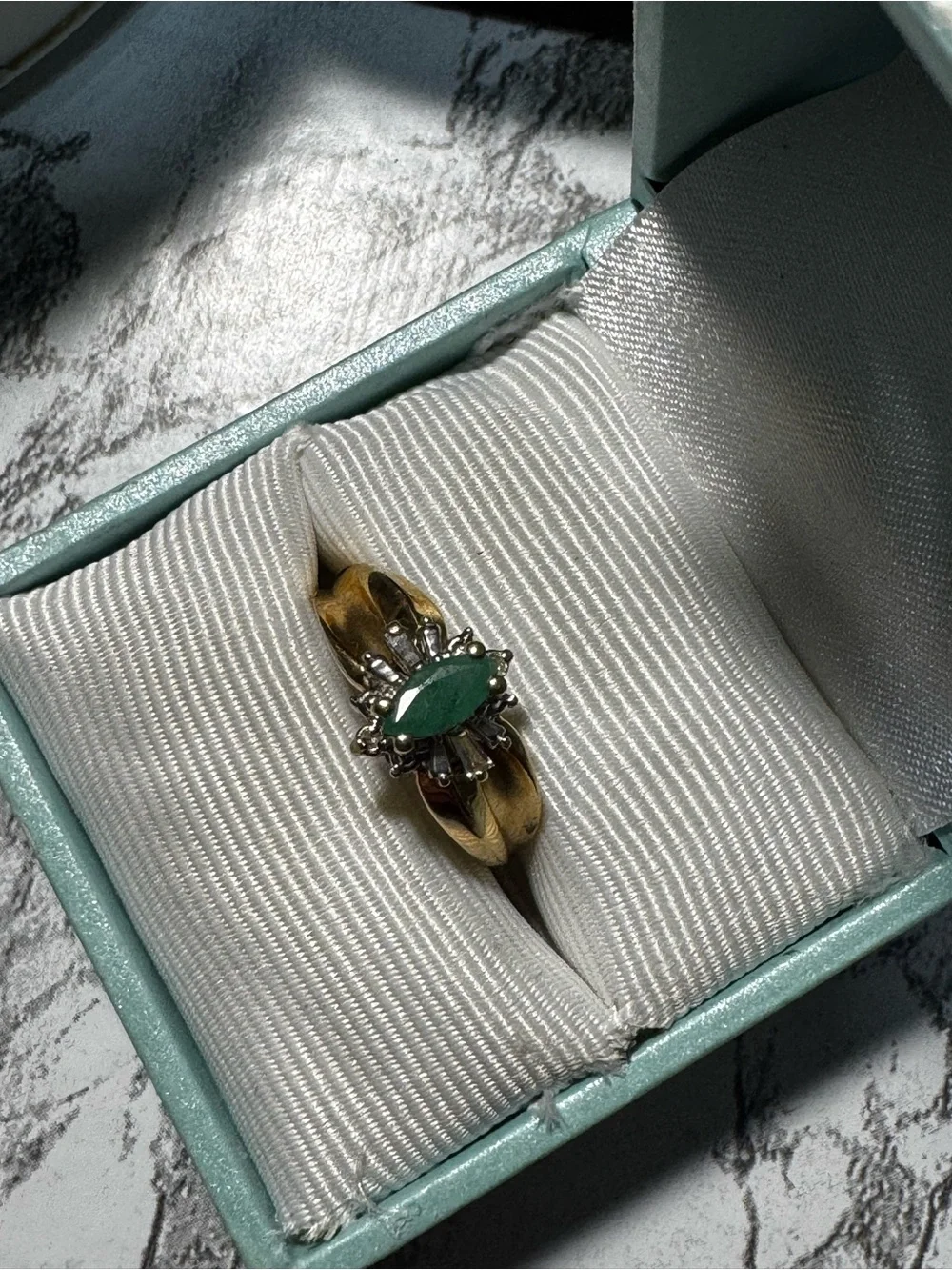 Vintage 10k Gold Marquise Emerald & Diamond Ballerina Cluster Ring Size 7